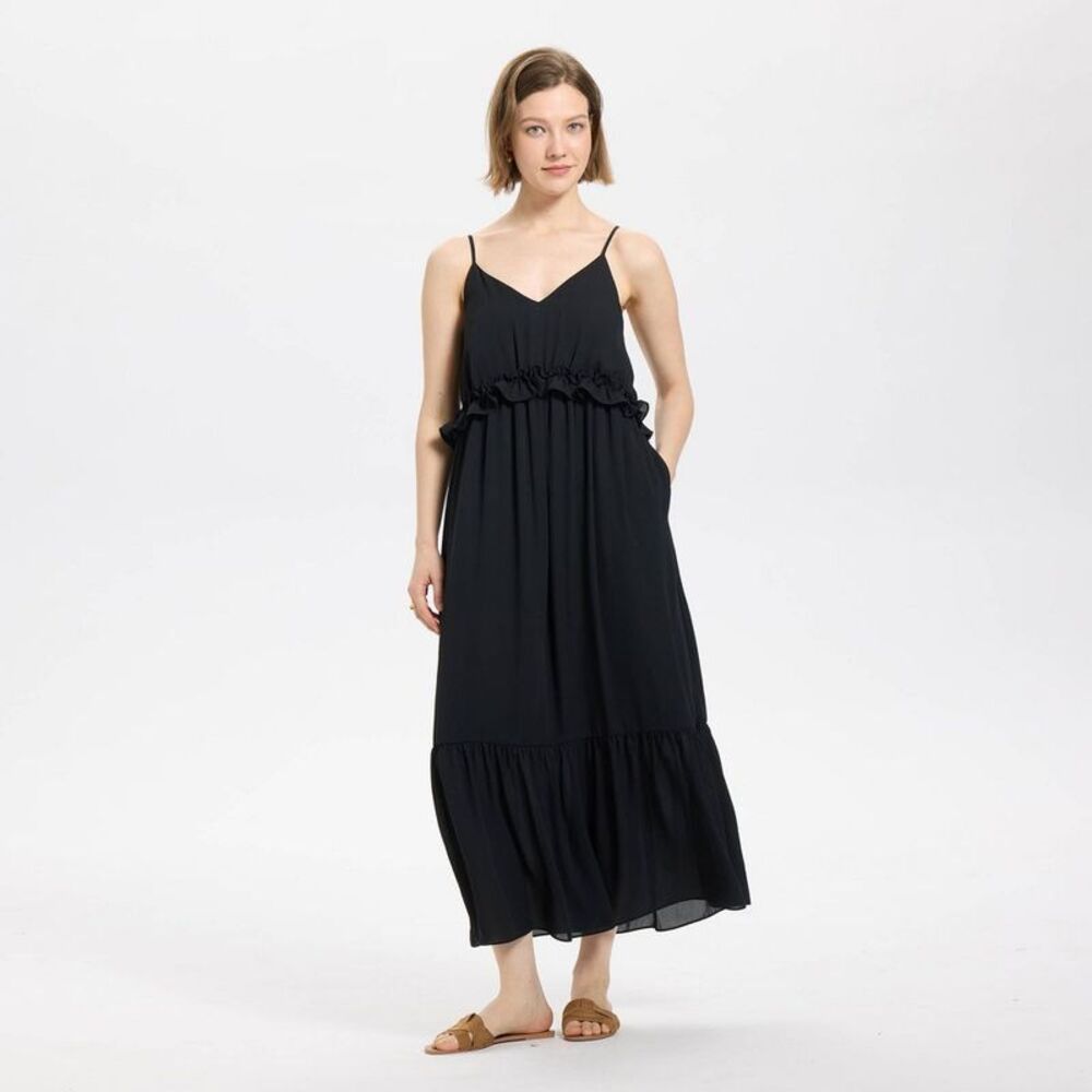 Women's Strapless Tiered Midi A-Line Dress - Black XS: Cottagecore